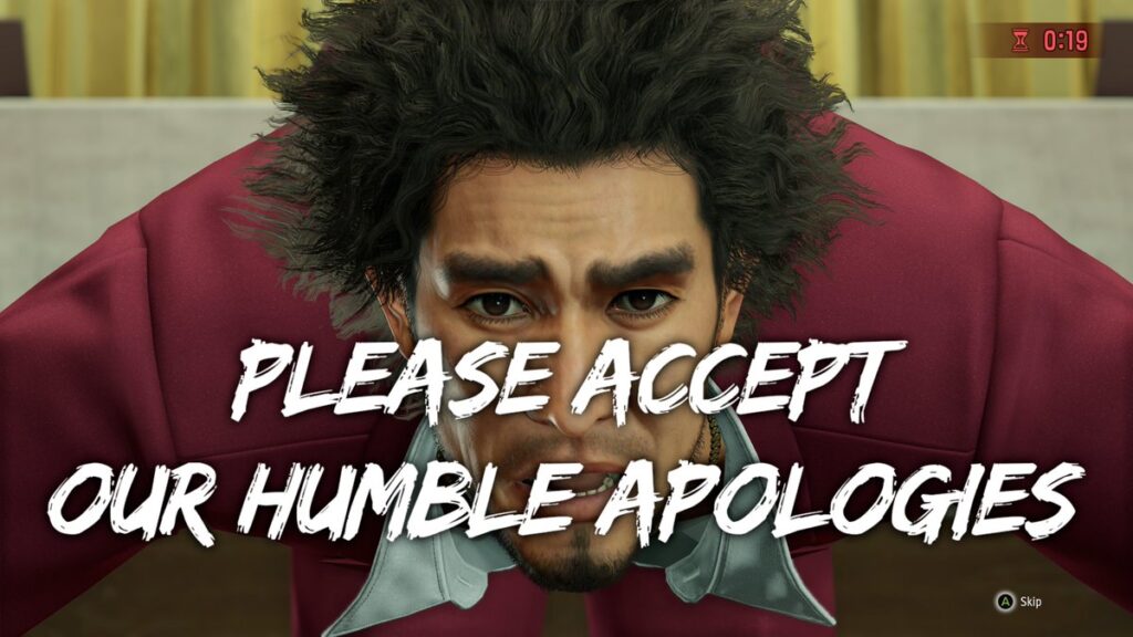 Image du jeu Yauza Like a Dragon où le protagoniste s'excuse, avec le texte "Please accept our humble apologies".
